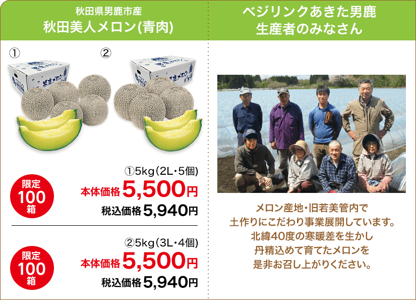 秋田県男鹿市産 秋田美人メロン(青肉) ①5kg(2L・5個) 限定100箱 本体価格5,500円 税込価格5,940円 ②5kg(3L・4個) 限定100箱 本体価格5,500円 税込価格5,940円