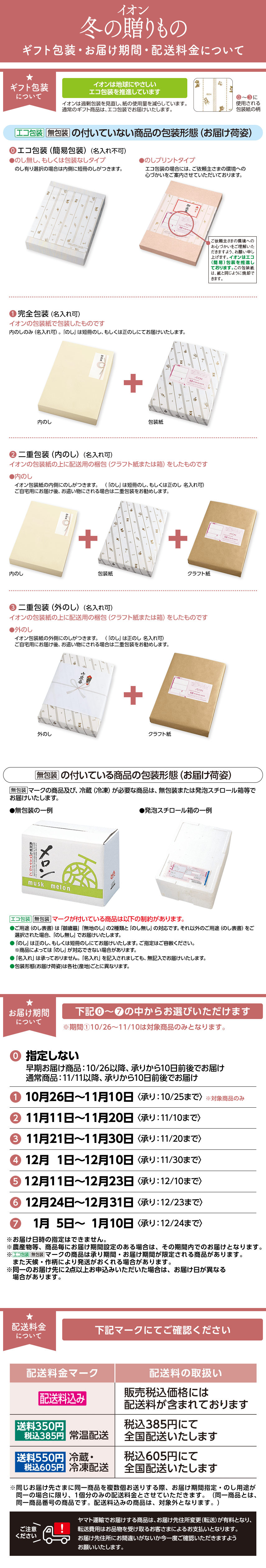 イオン冬の贈りもの ギフト包装・お届け期間・配送料金について