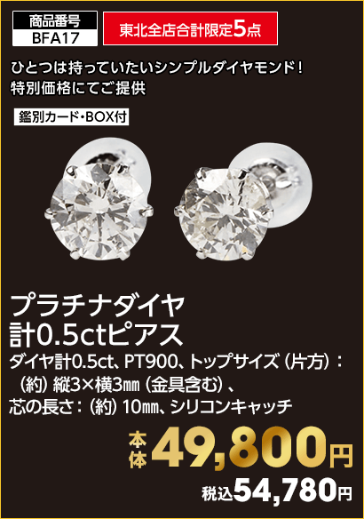 東北全店合計限定5点 プラチナダイヤ 計0.5ctピアス 本体49,800円 税込54,780円