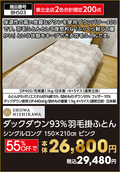東北全店2色合計限定200点 昭和西川 ダックダウン93％羽毛掛ふとん 本体26,800円 税込29,480円