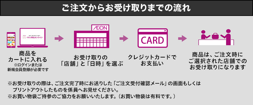 ご注文からお受け取りまでの流れ 商品をカートに入れる。※ログインまたは新規会員登録が必要です。→お受け取りの「店舗」と「日時」を選ぶ→クレジットカードでお支払い→商品は、ご注文時にご選択された店舗でのお受け取りになります。 ※お受け取りの際は、ご注文完了時にお送りした「ご注文受付確認メール」の画面もしくはプリントアウトしたものを係員へお見せください。※お買い物袋ご持参のご協力をお願いいたします。(お買い物袋は有料です。)