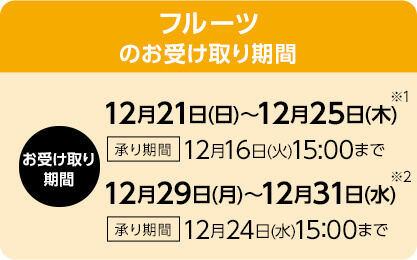 フルーツ ①お受け取り期間：12月21日(日)～12月25日(木) 承り期間：12月16日(火)15:00まで ②お受け取り期間：12月29日(月)～12月31日(水) 承り期間：12月24日(水)15:00まで