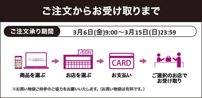 ご注文からお受け取りまで ご注文承り期間 12月26日(金曜日)9:00～2026年1月5日(月曜日)23:59 商品を選ぶ→お店を選ぶ→お支払い→ご選択のお店でお受け取り ※お買い物袋ご持参のご協力をお願いいたします。（お買い物袋は有料です。）