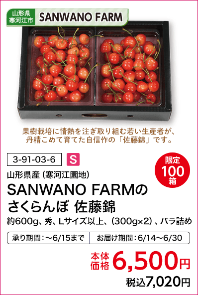 限定100箱 SANWANO FARM 山形県産（寒河江園地） SANWANO FARMのさくらんぼ 佐藤錦 約600g、秀、Lサイズ以上、（300g×2）、バラ詰め 本体価格6,500円 税込7,020円 承り期間：～6/15まで お届け期間：6/14～6/30