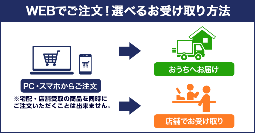 WEBでご注文！選べるお受け取り方法 おうちへお届けまたは店舗でお受け取り