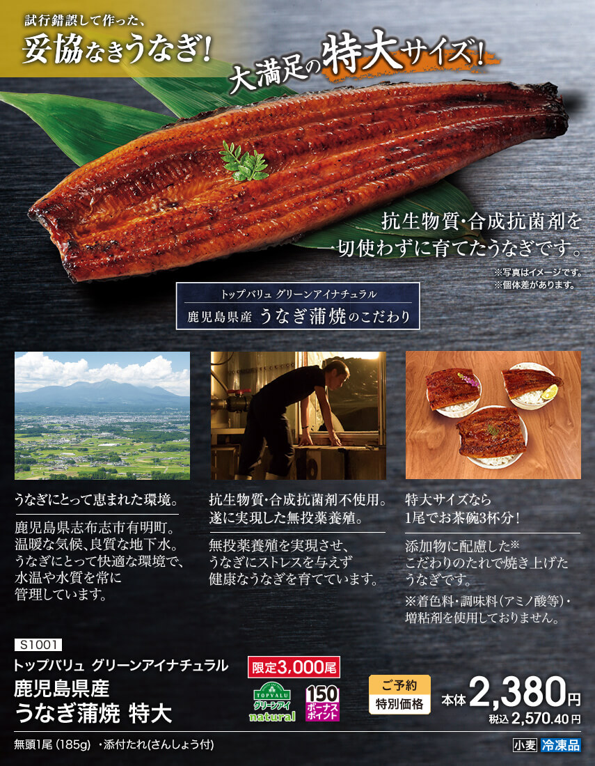 S1001 トップバリュ グリーンアイナチュラル 鹿児島県産 うなぎ蒲焼 特大 限定3,000尾 ボーナスポイント150 ご予約特別価格 本体2,380円 税込2,570.40円 無頭1尾（185g）・添付たれ（さんしょう付） アレルギー：小麦 冷凍品