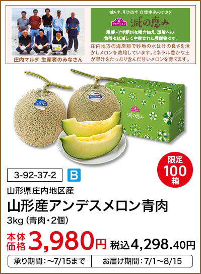 限定100箱 山形県庄内地区産 山形産アンデスメロン青肉 3kg（青肉・2個） 本体価格3,980円 税込価格4,298.40円 承り期間：7/15まで お届け期間：7/1～8/15