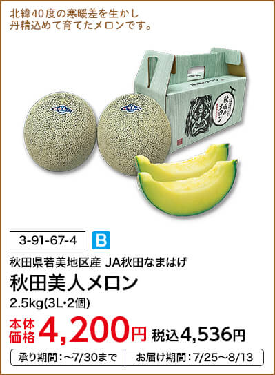 秋田県若美地区産 JA秋田なまはげ 秋田美人メロン 2.5kg(3L･2個) 本体価格4,200円 税込価格4,536円 承り期間：～7/30まで お届け期間：7/25～8/13