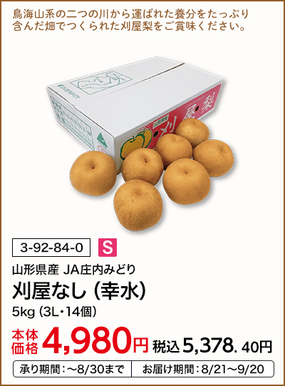 山形県産 JA庄内みどり 刈屋なし（幸水） 5kg（3L・14個） 本体価格4,980円 税込価格5,378.40円 承り期間：～8/30まで お届け期間：8/21～9/20