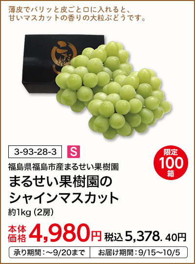 限定100箱 福島県福島市産まるせい果樹園 まるせい果樹園のシャインマスカット 約1kg（2房） 本体価格4,980円 税込価格5,378.40円 承り期間：～9/20まで お届け期間：9/15～10/5