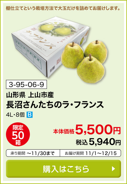 商品番号 3-95-06-9 山形県上山市産 長沼さんたちのラ・フランス 4L・8個 限定50箱 本体価格5,500円 税込5,940円 承り期間11月30日まで お届け期間11月1日～12月15日 購入はこちら