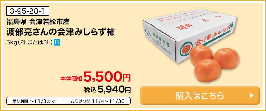 商品番号 3-95-28-1 福島県会津若松市産 渡部亮さんの会津みしらず柿 5kg（2Lまたは3L） 本体価格5,500円 税込5,940円 承り期間11月3日まで お届け期間11月4日～11月30日 購入はこちら