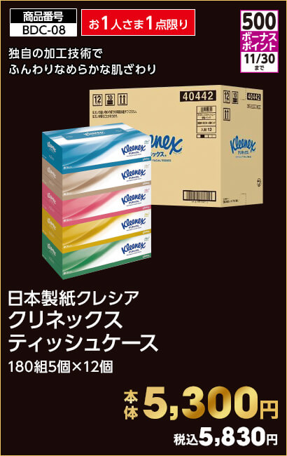 お1人さま1点限り ボーナスポイント500 日本製紙クレシア クリネックスティッシュケース 180組5個×12個 本体5,300円 税込5,830円