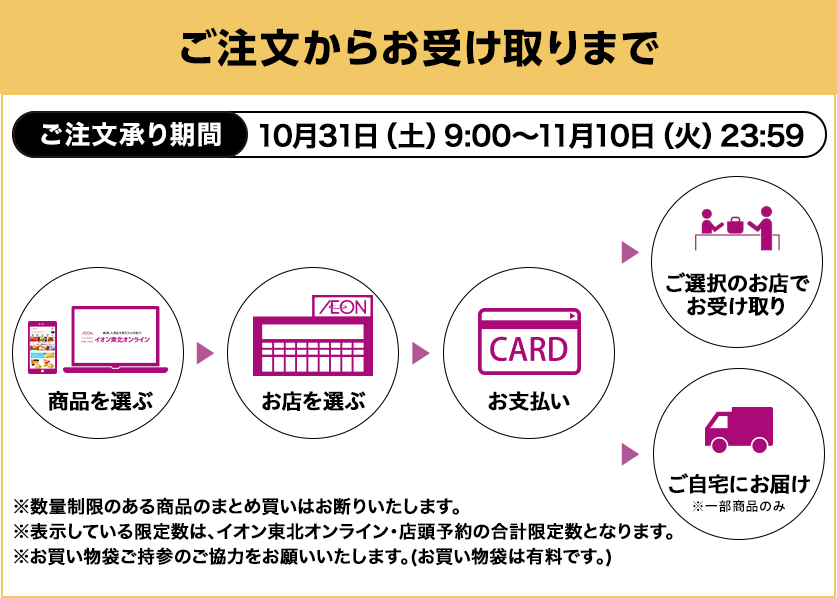 ご注文からお受け取りまで ご注文承り期間：10月31日土曜日9:00から11月10日火曜日23:59まで ※数量制限のある商品のまとめ買いはお断りいたします。※表示している限定数は、イオン東北オンライン・店頭予約の合計限定数となります。※お買い物袋ご持参のご協力をお願いいたします。（お買い物袋は有料です。）