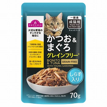 値下げトップバリュ キャットフードかつお＆まぐろ グレインフリー 70g132袋 ペット用品】トップバリュ キャットフード パウチ かつお＆まぐろ